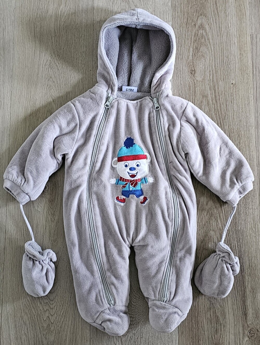 Sweet & Soft Baby Boys Fleece Snowsuit Bunting Gray Hooded Mittens 6-9 Months